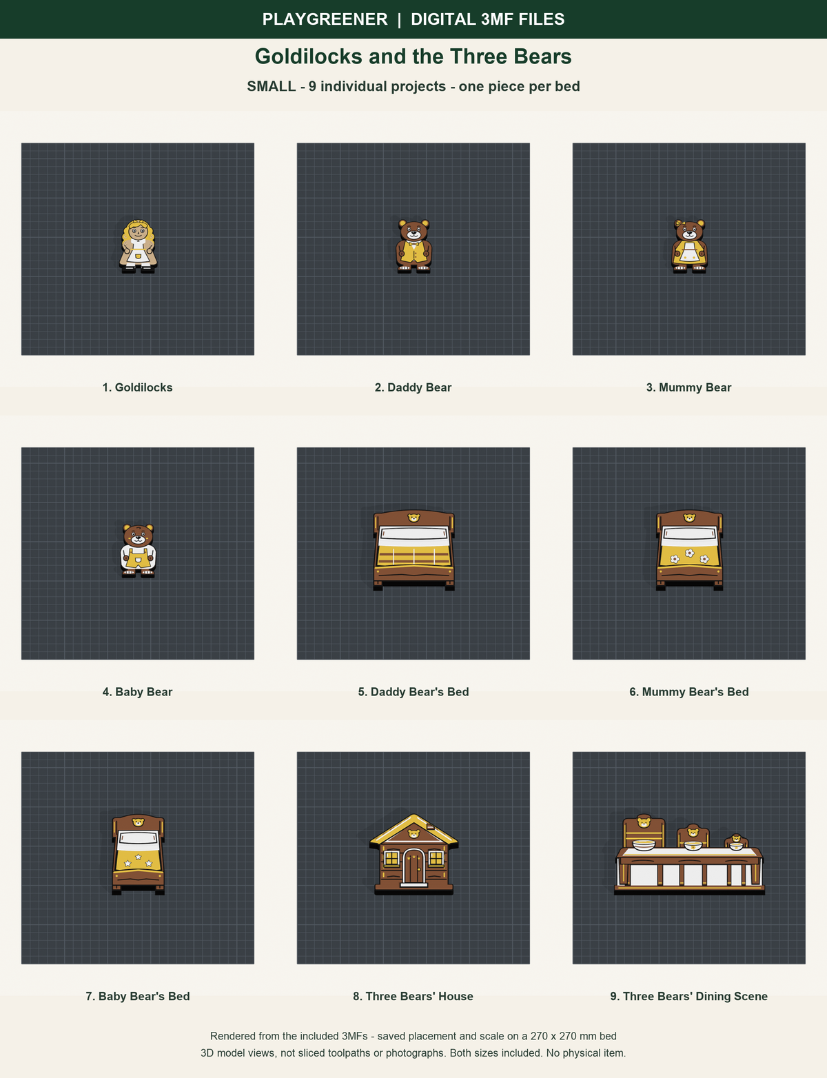 Goldilocks and the Three Bears Small digital 3MF files: all 9 included pieces shown on individual 270mm print beds at saved scale; actual model renders, no physical item.