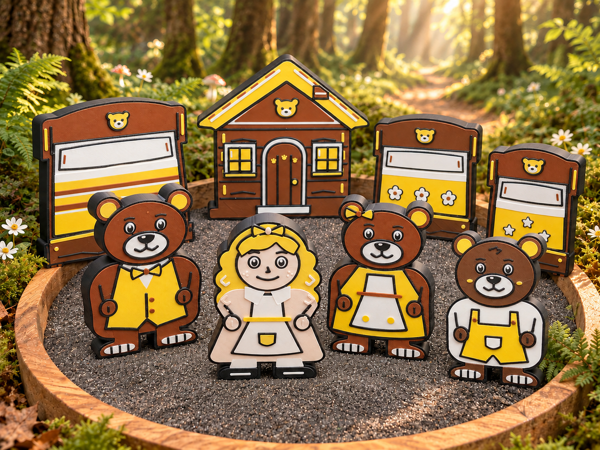 Goldilocks and the Three Bears eight-piece story set with four characters, three beds and a yellow-roofed cottage in a sunlit woodland scene