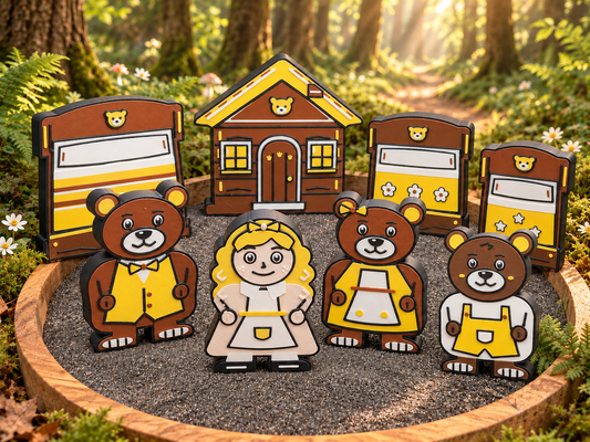 Goldilocks and the Three Bears eight-piece story set with four characters, three beds and a yellow-roofed cottage in a sunlit woodland scene
