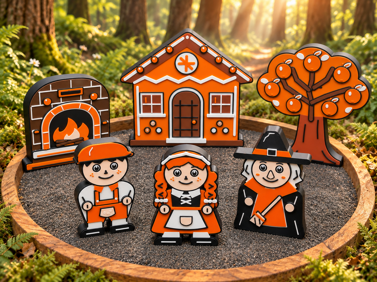 Hansel and Gretel six-piece story set with two children, a witch, gingerbread cottage, storybook oven and orange tree in a sunlit woodland scene