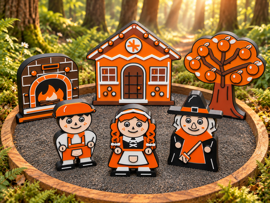 Hansel and Gretel six-piece story set with two children, a witch, gingerbread cottage, storybook oven and orange tree in a sunlit woodland scene