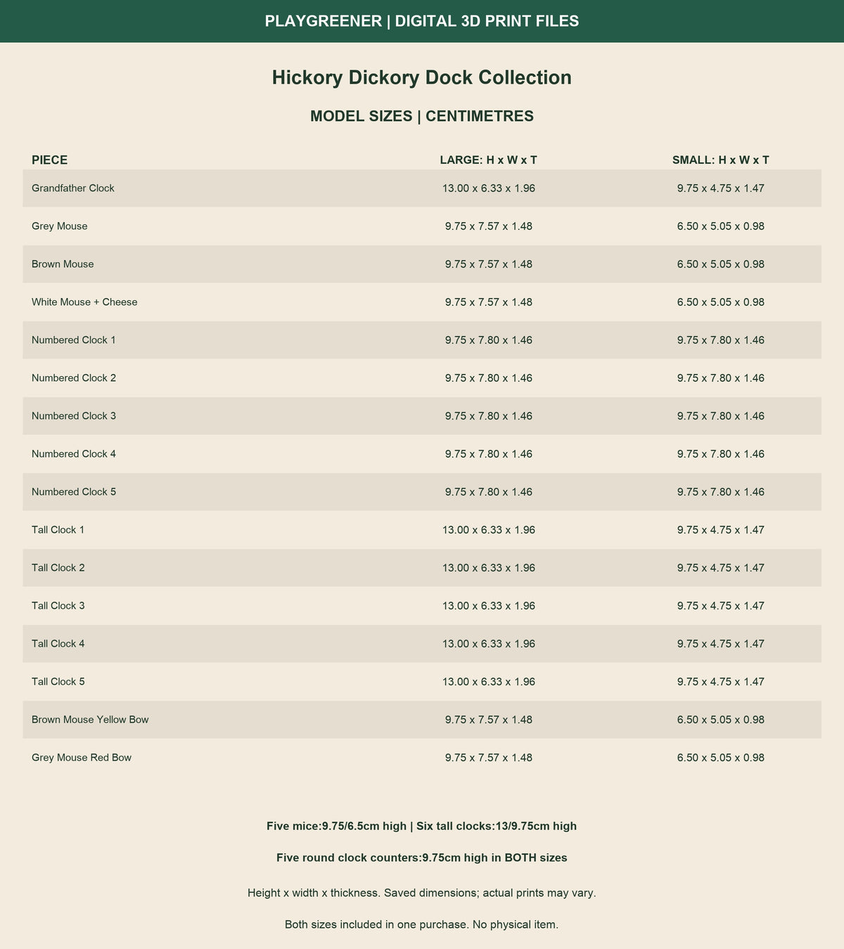 Measured size guide for all16 Hickory Dickory Dock Collection designs, Large and Small. Height x width x thickness in centimetres. Five mice97.5/65mm; six tall clocks130/97.5mm; round counters97.5mm both.