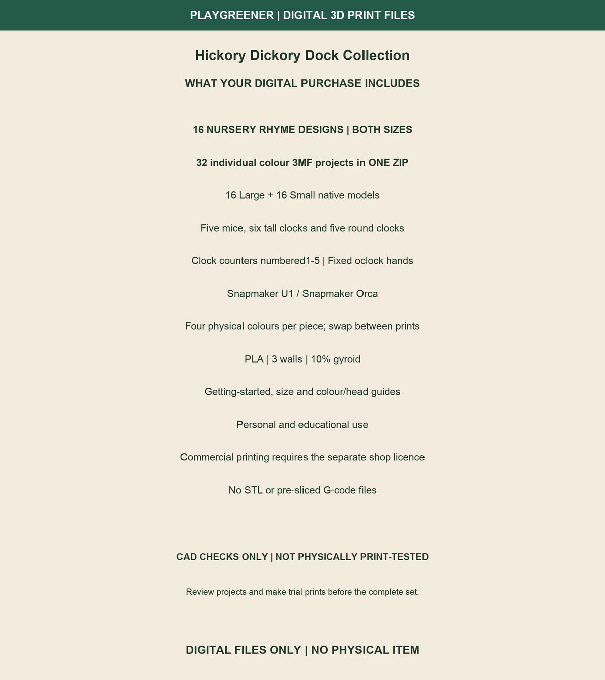 Hickory Dickory Dock Collection digital contents:32 individual native U1 colour3MF projects in one ZIP,16 Large and16 Small, instructions, dimensions, colour guide and use terms. Four physical colours per piece. Not physically print-tested.