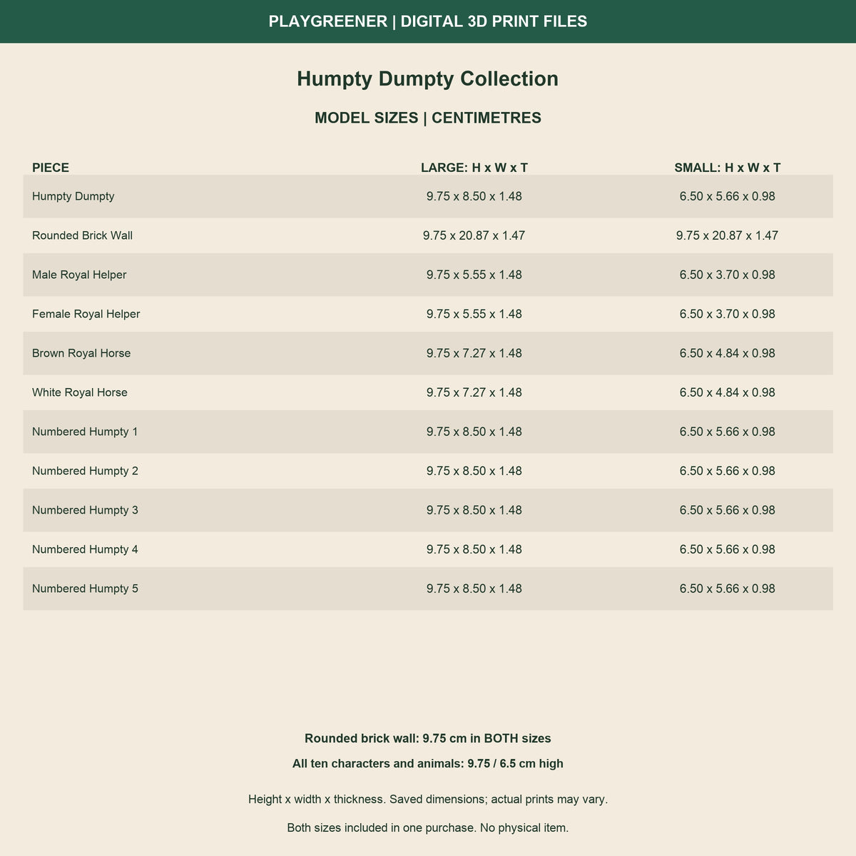 Measured size guide for all11 Humpty Dumpty Collection pieces, Large and Small. Height x width x thickness in centimetres. Ten characters and animals97.5mm Large/65mm Small; brick wall97.5mm both.