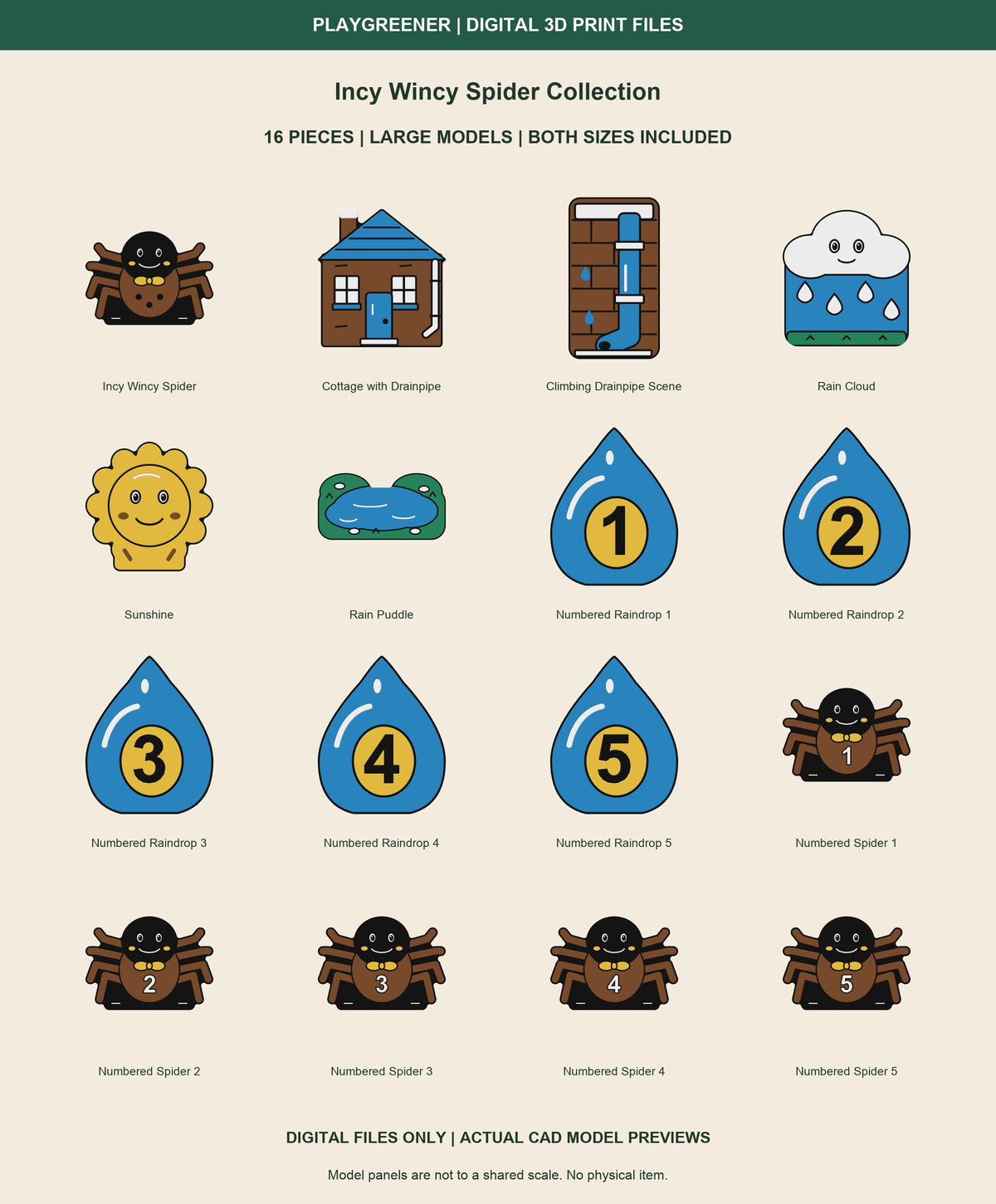 Incy Wincy Spider Collection Large actual CAD preview: original spider, five numbered spiders 1-5, cottage with drainpipe, climbing drainpipe scene, rain cloud, sunshine, puddle and five numbered raindrops 1-5. Both sizes included. Digital files only.