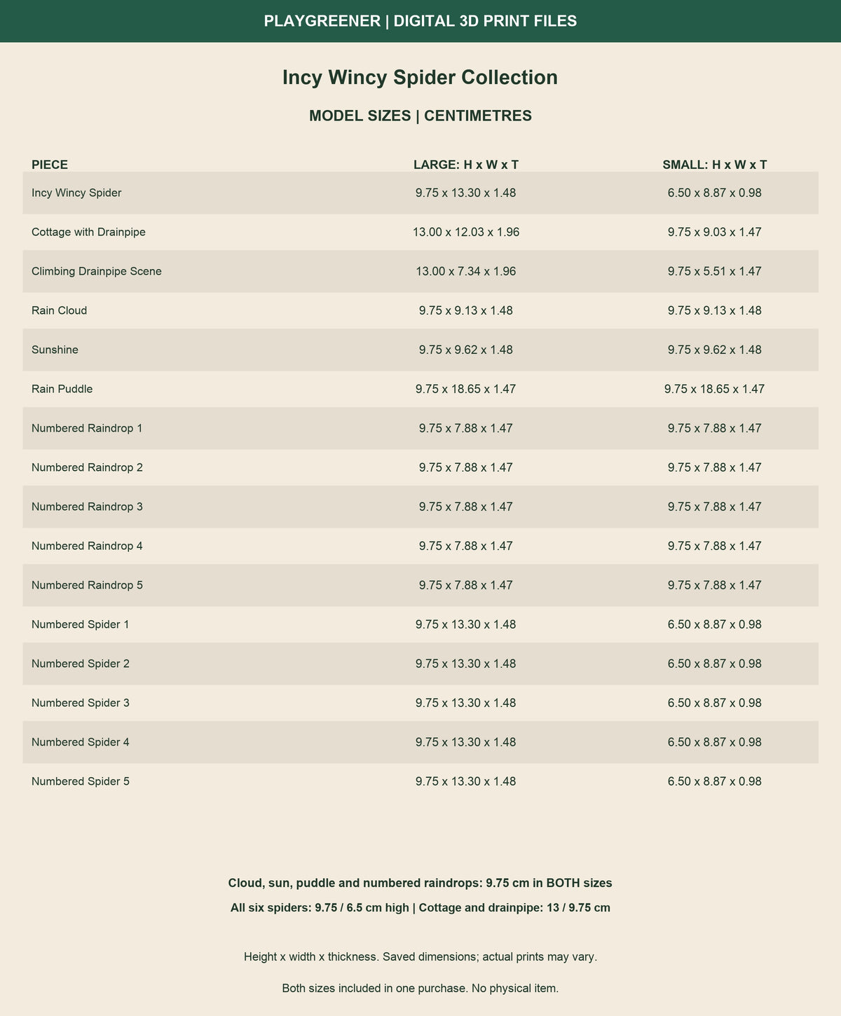 Measured size guide for 16 Incy Wincy Spider Collection pieces in Large and Small. Height x width x thickness in centimetres. Cottage and drainpipe130mm Large/97.5mm Small; six spiders97.5/65mm; other props97.5mm both.