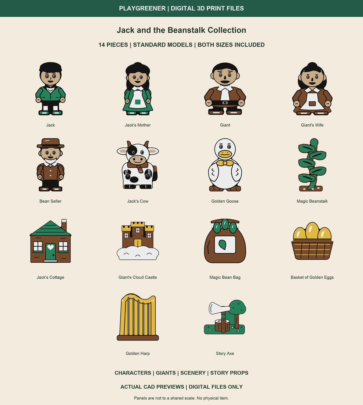 Jack and the Beanstalk Collection: all 14 Standard actual CAD models, Jack in black cap, mother, two giants, bean seller, cow, front-facing golden goose, chunky beanstalk, cottage, cloud castle, bean bag, golden egg basket, golden harp and woodland axe scene. Rounded shoes and fully coloured sleeves on all five people; Bean Seller has a brown top, white collar and clean beard. Both sizes included; digital files only.