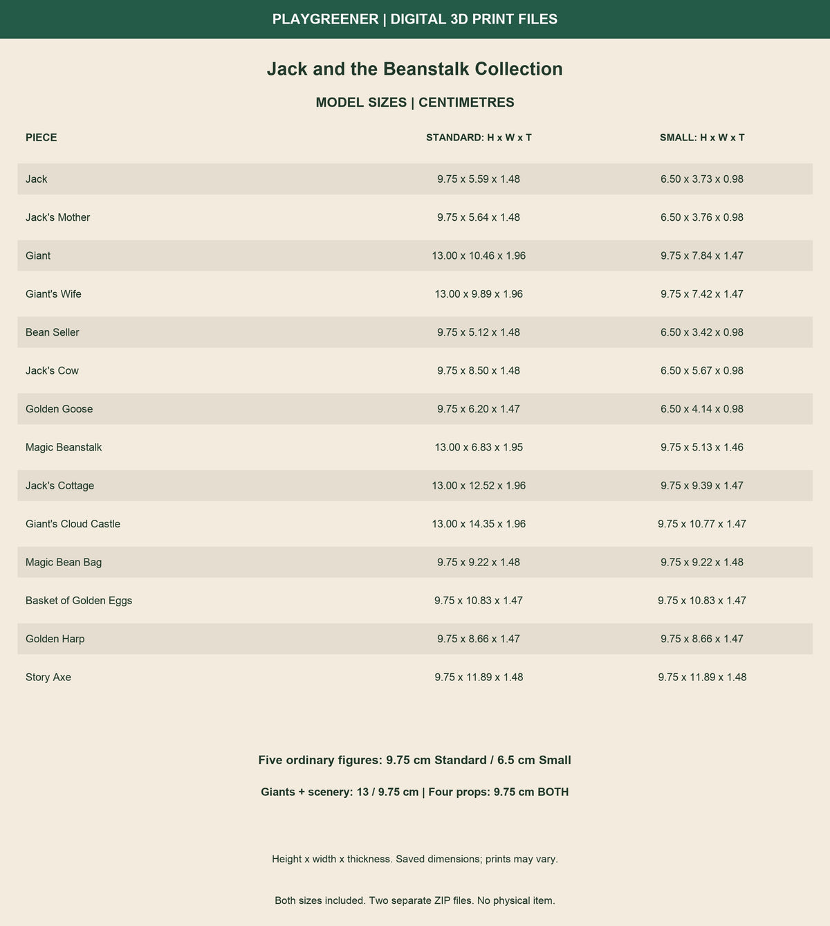 Measured Standard and Small dimensions for all 14 Jack and the Beanstalk pieces, height x width x thickness in centimetres. Five figures97.5/65mm; giants, beanstalk, cottage and castle130/97.5mm; bean bag, eggs, harp and axe97.5mm in both.