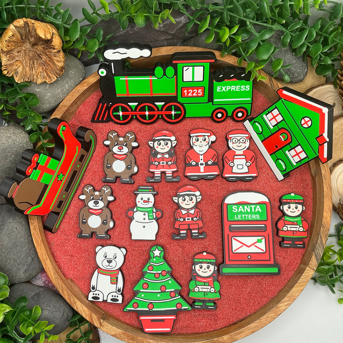Second complete 15-piece Christmas story set laid flat, showing all characters, animals and five scenery pieces