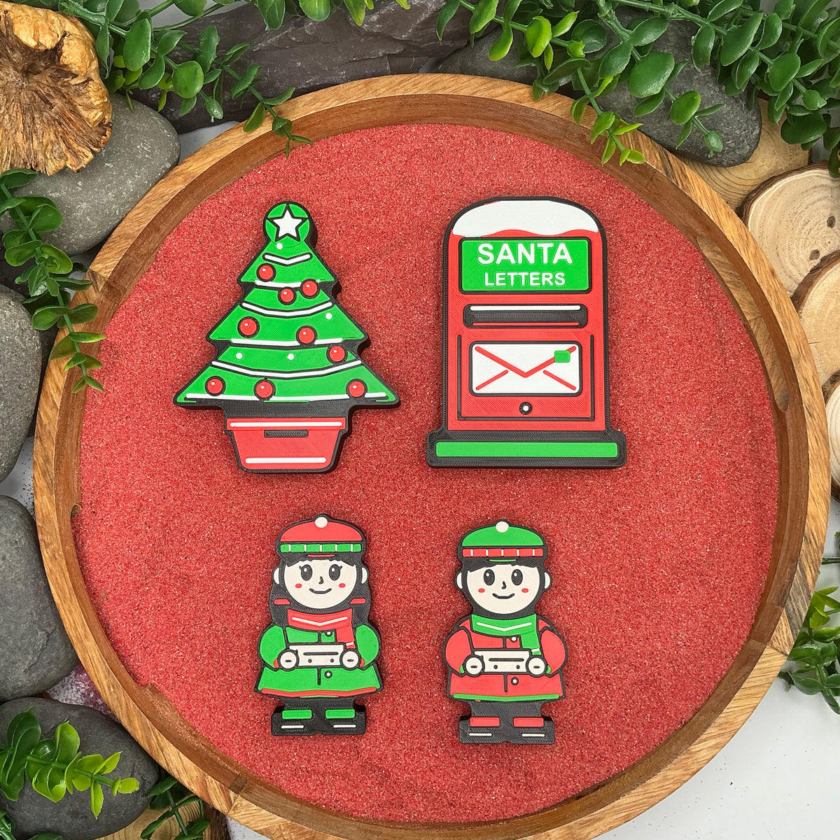 Christmas tree and Santa letters post box with the winter boy and girl holding tickets