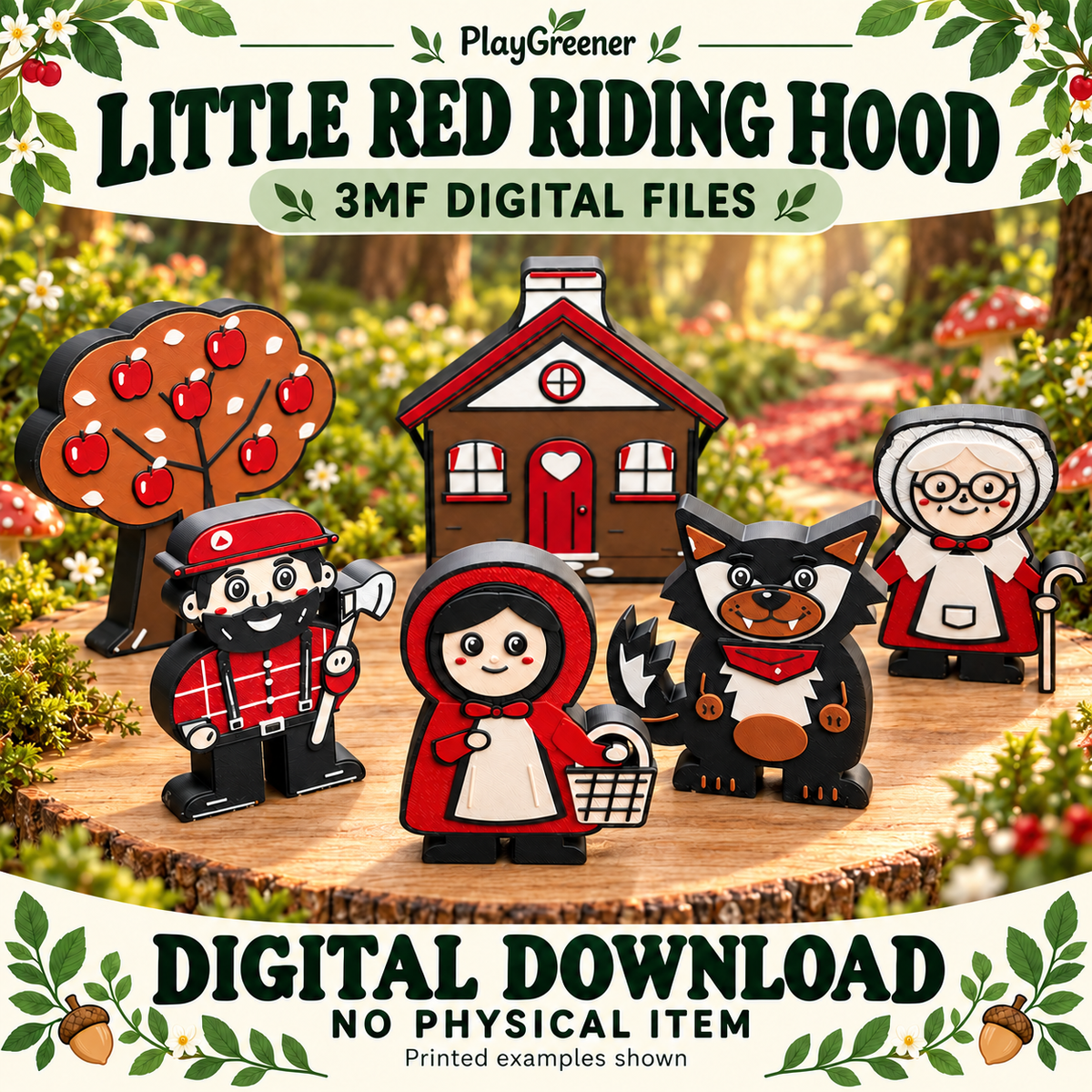AI-generated Etsy mock-up for Little Red Riding Hood colour 3MF story files, showing example printed pieces with prominent Digital Download and No Physical Item text.