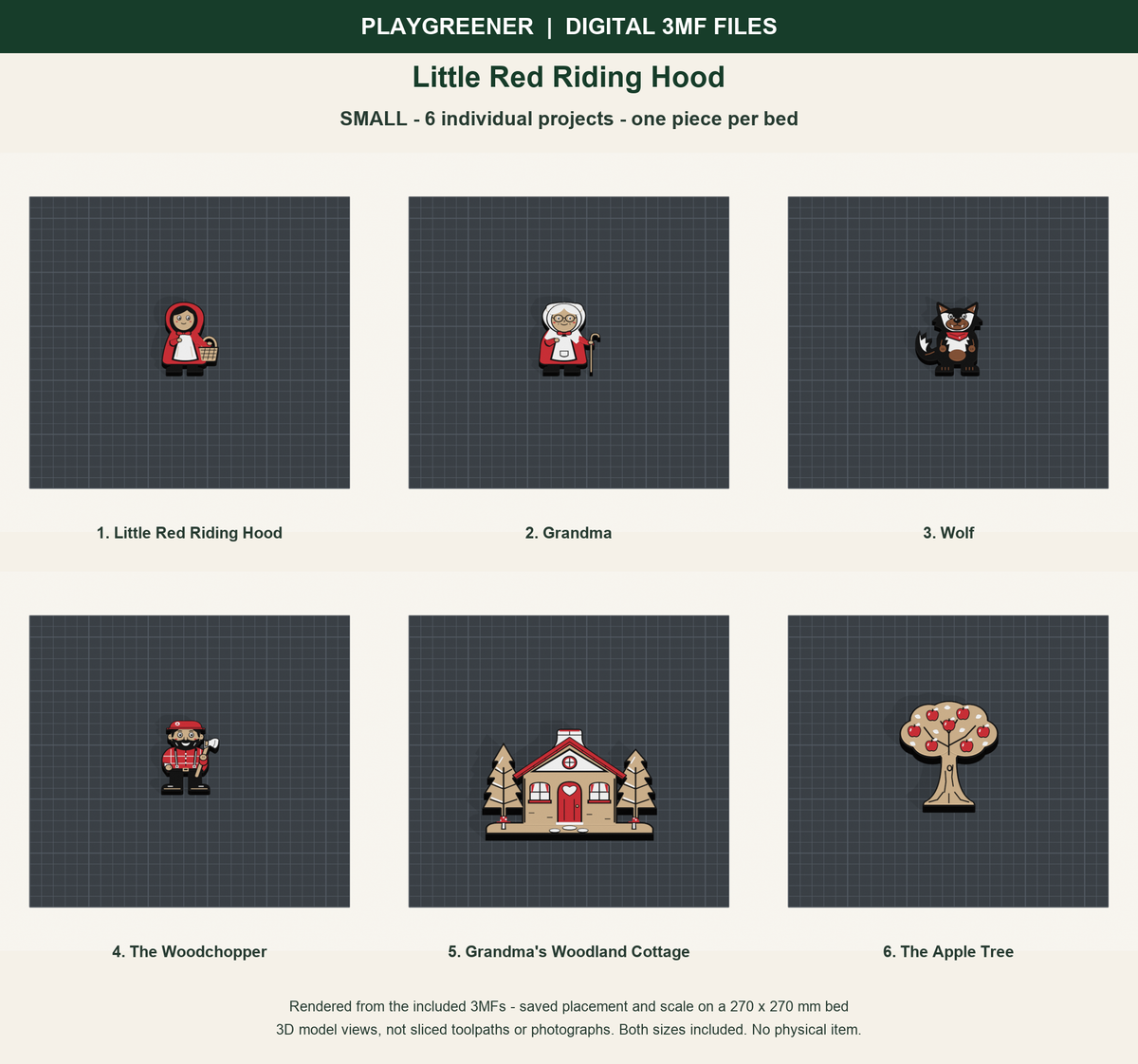 Little Red Riding Hood Small digital 3MF files: all 6 included pieces shown on individual 270mm print beds at saved scale; actual model renders, no physical item.