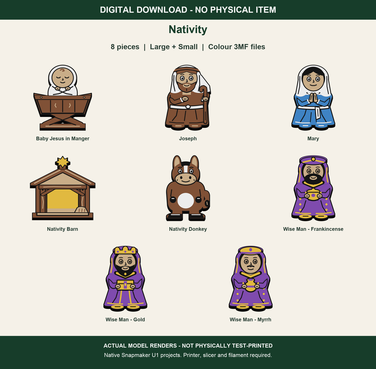 Nativity digital colour 3MF files, all 8 included pieces rendered from actual geometry, both sizes included, no physical item; not physically test-printed.