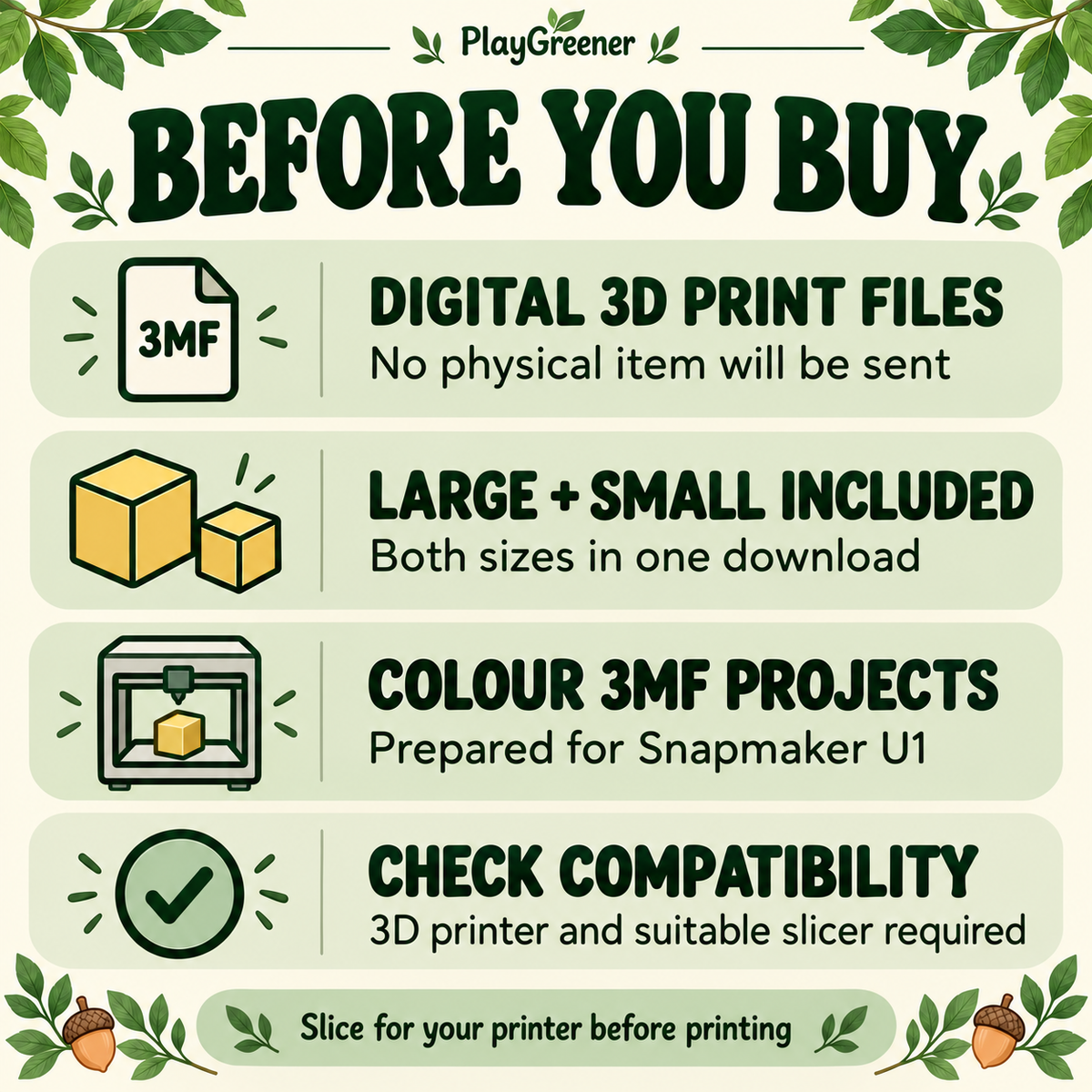 Digital file buyer information: Large and Small native U1 colour 3MF projects; compatible printer and slicer required; no physical item.