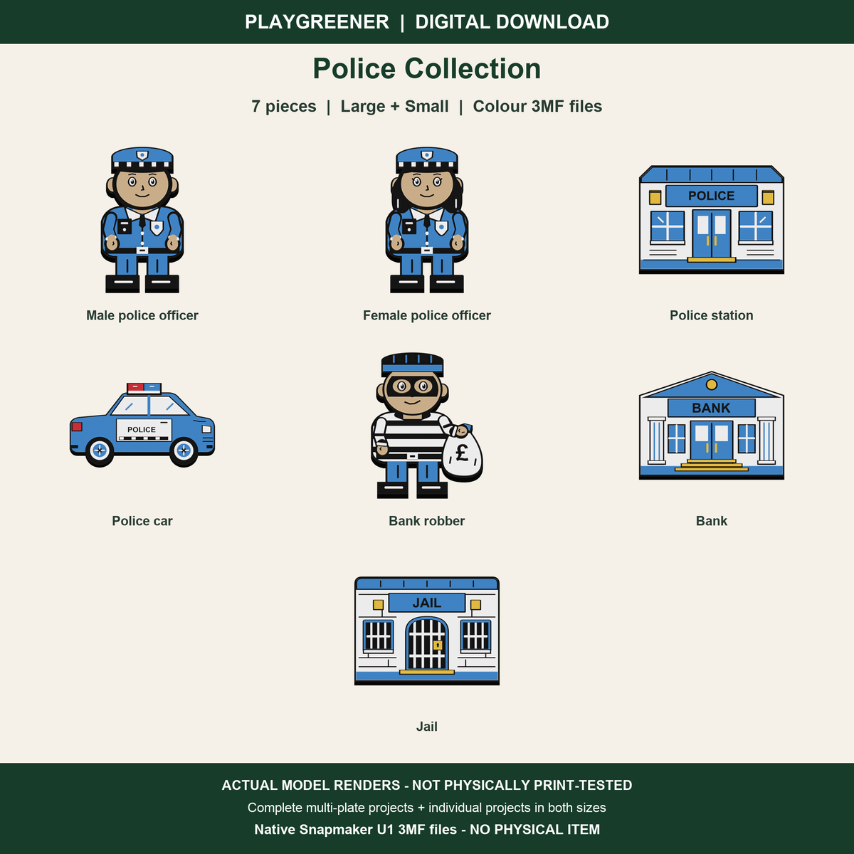 Police Collection digital 3MF download: actual renders of all 7 pieces, Large and Small included; not physically print-tested; no physical item.