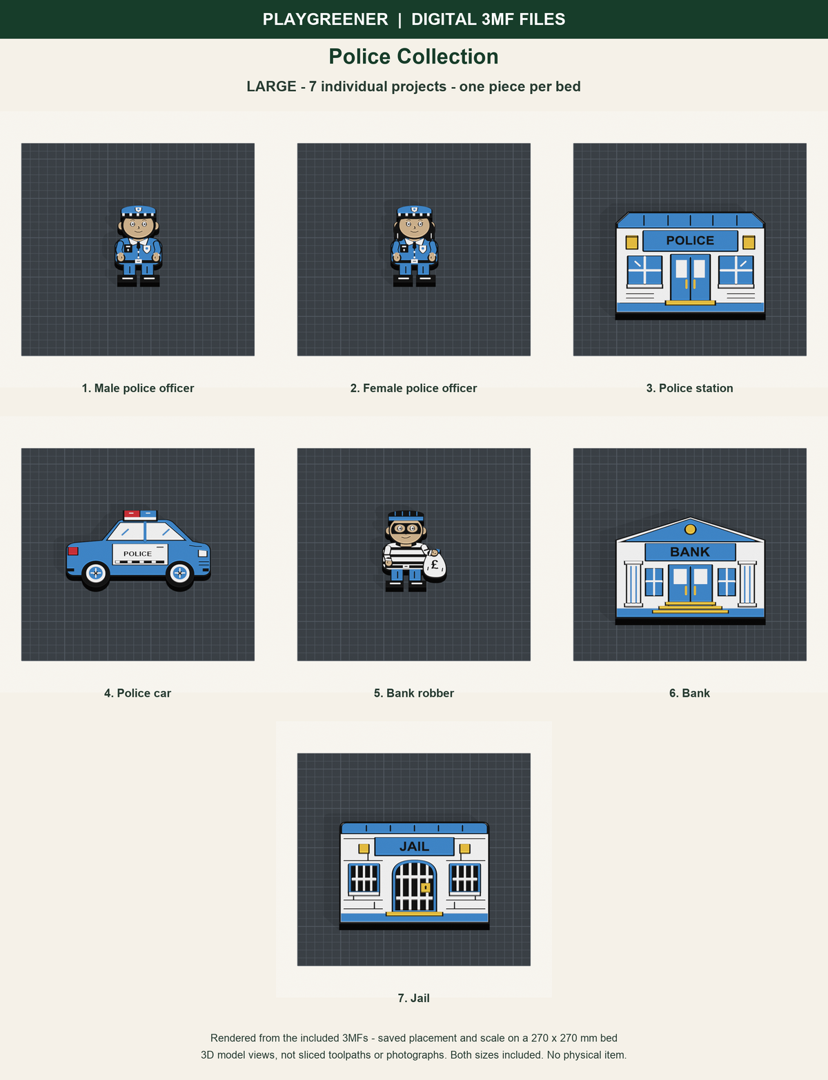 Police Collection Large: actual individual 3MF models on saved 270mm print beds, not sliced toolpaths; no physical item.