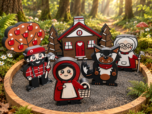Little Red Riding Hood six-piece story set in a sunlit woodland scene, with cottage, tree, wolf, grandma and woodcutter