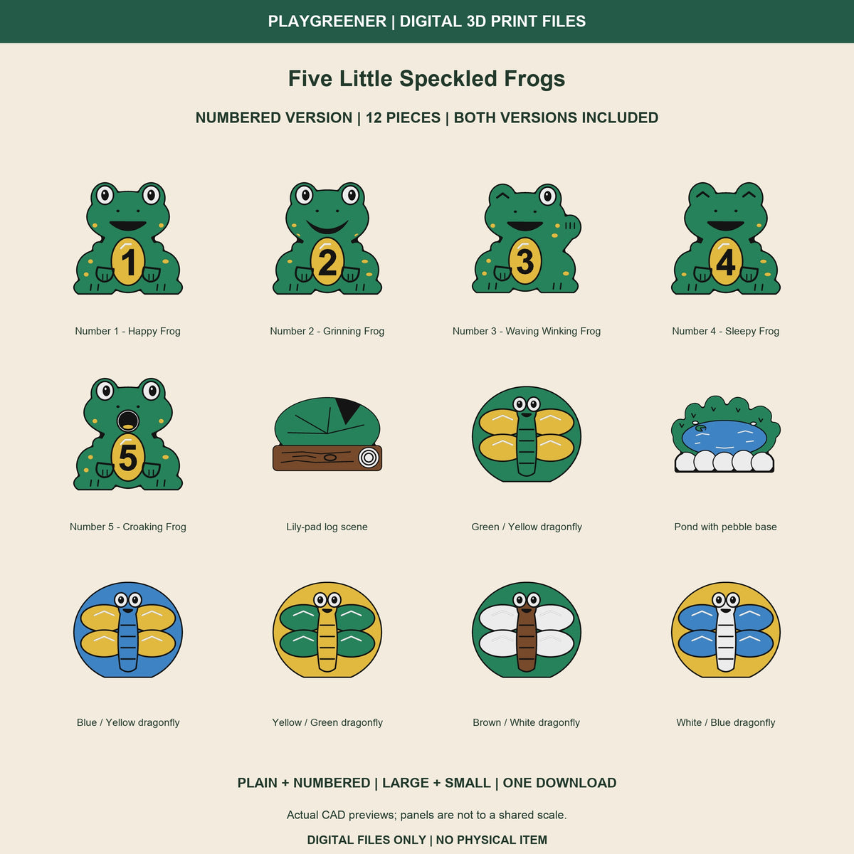 Numbered Five Little Speckled Frogs collection: Black numbers 1-5 in Yellow belly ovals, five dragonflies, lily-pad log and pond. Actual CAD previews. Plain version also included; no physical item.