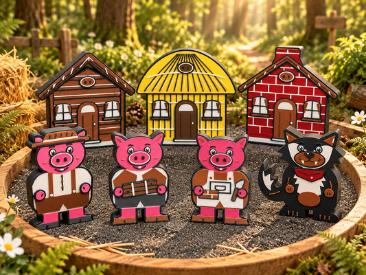 Three Little Pigs seven-piece story set with three pigs, wolf and straw, stick and brick houses in a woodland scene