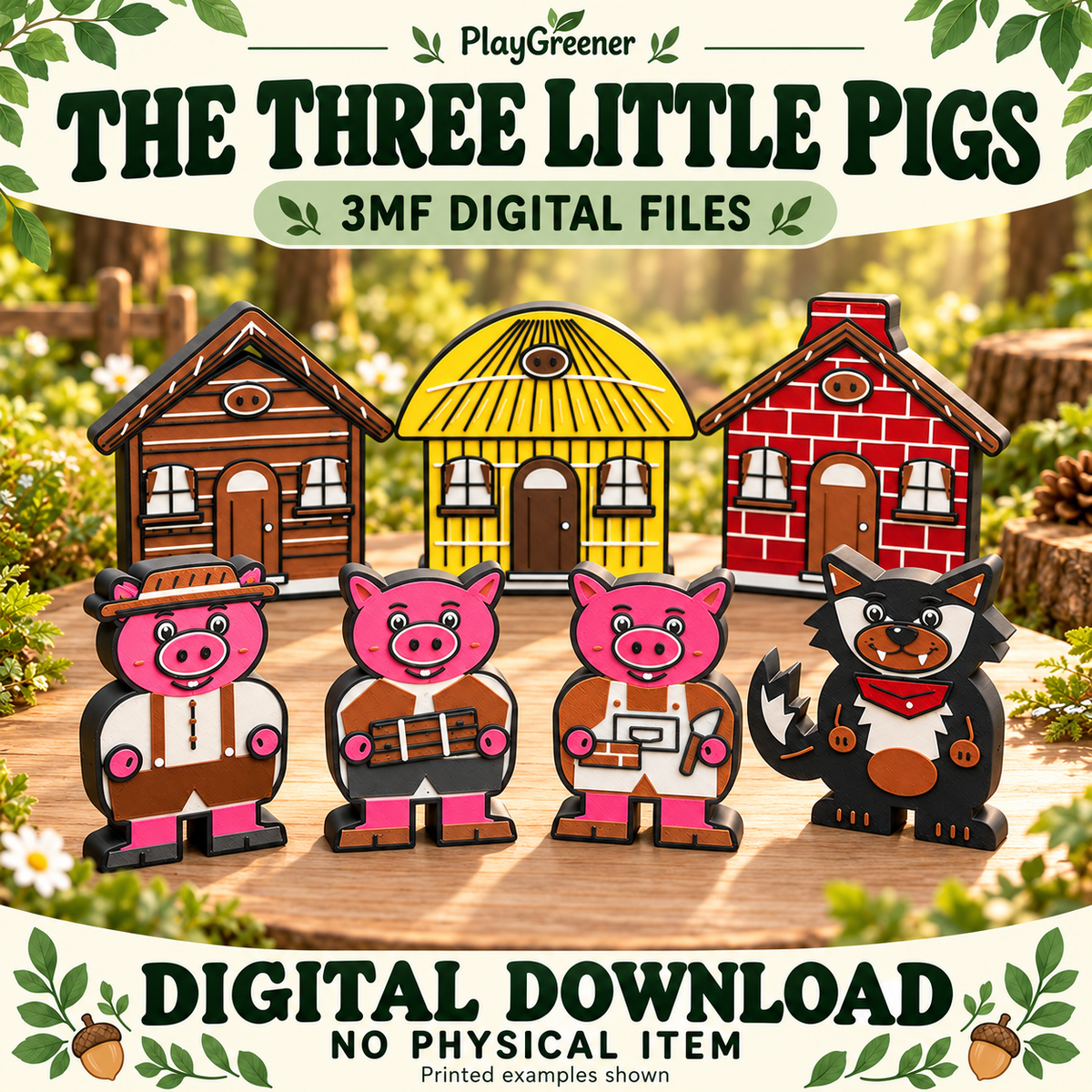 AI-generated Etsy mock-up for The Three Little Pigs colour 3MF story files, showing example printed pieces with prominent Digital Download and No Physical Item text.