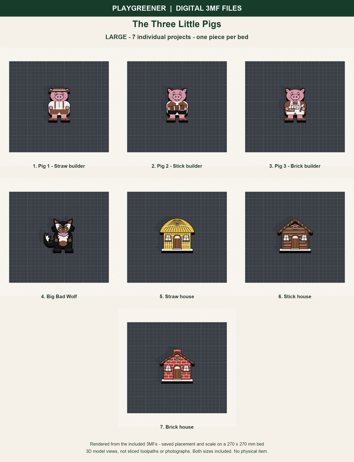 The Three Little Pigs Large digital 3MF files: all 7 included pieces shown on individual 270mm print beds at saved scale; actual model renders, no physical item.
