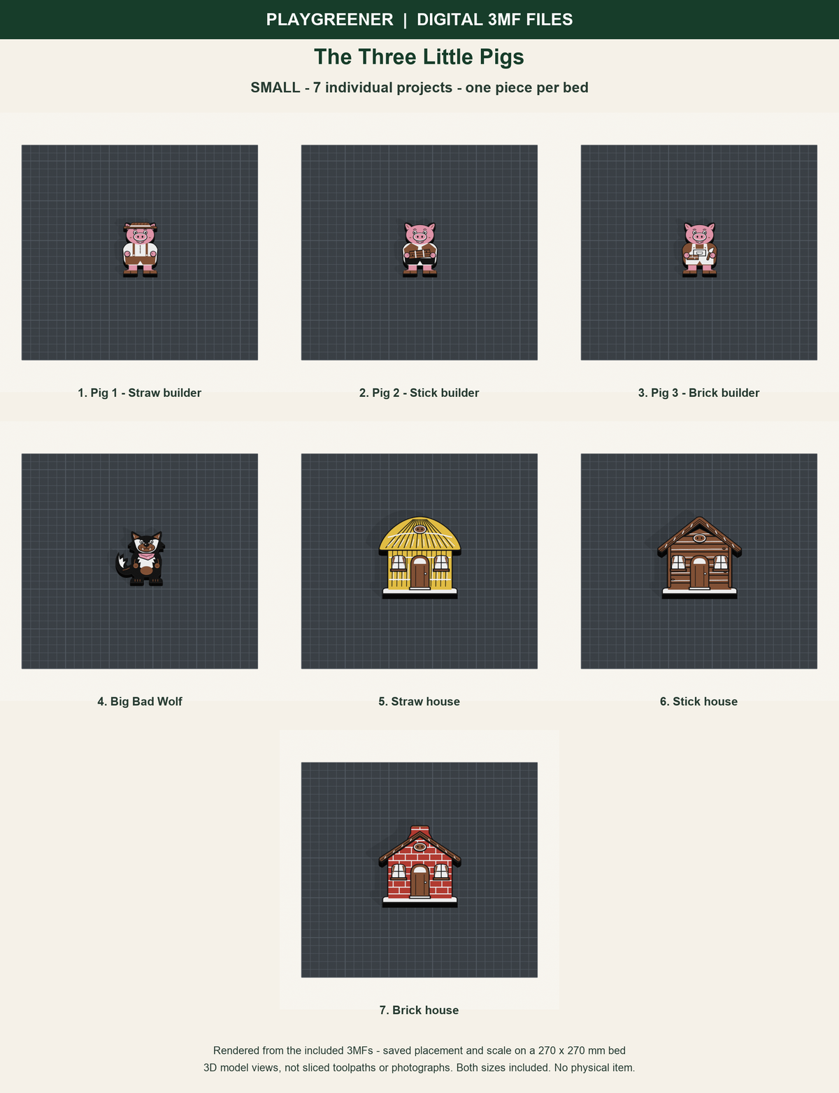 The Three Little Pigs Small digital 3MF files: all 7 included pieces shown on individual 270mm print beds at saved scale; actual model renders, no physical item.