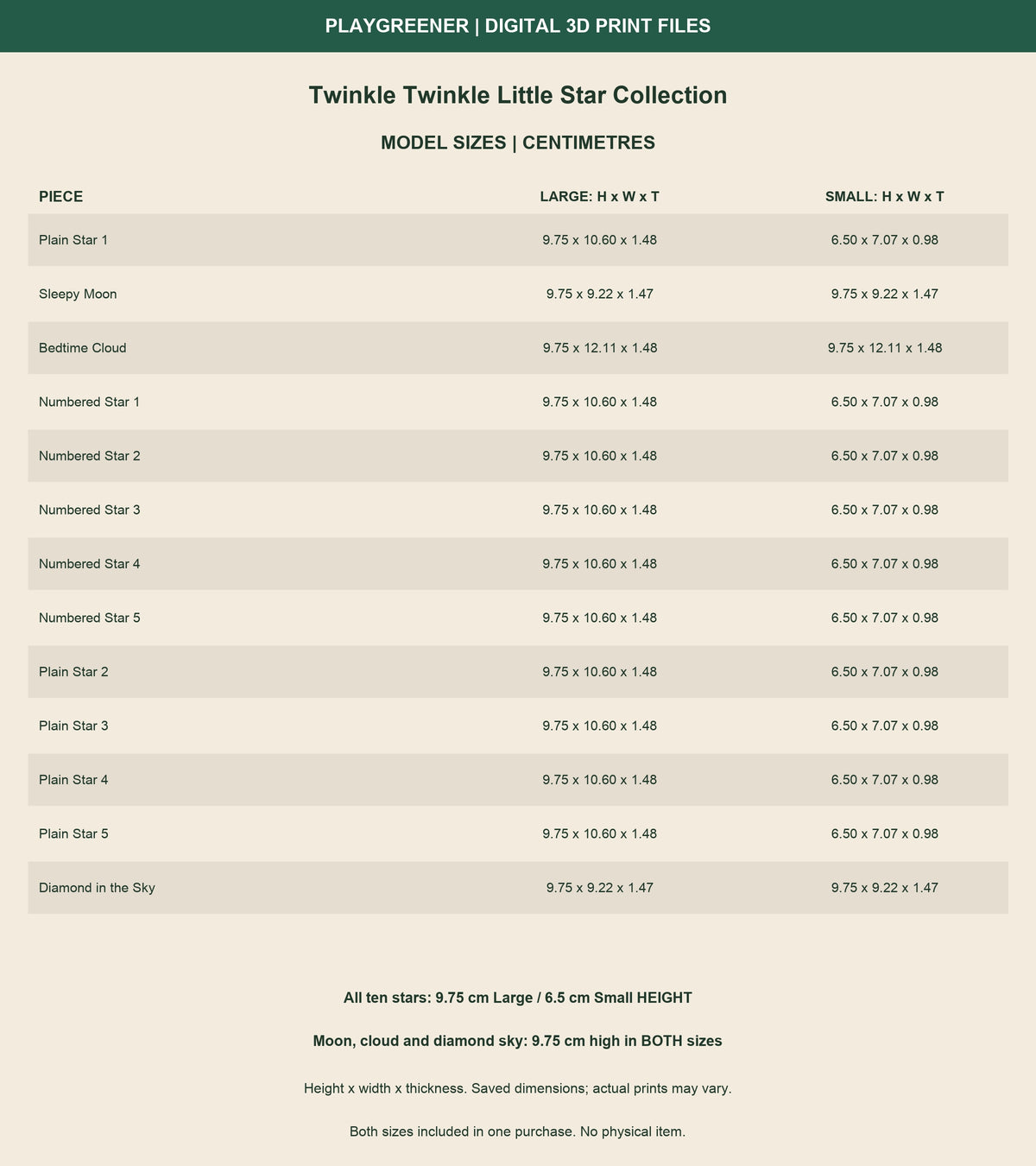 Measured size guide for all 13 Twinkle Twinkle Little Star designs, Large and Small. Height x width x thickness in centimetres. Stars 97.5/65mm high; moon, cloud and diamond sky 97.5mm high in both sizes.