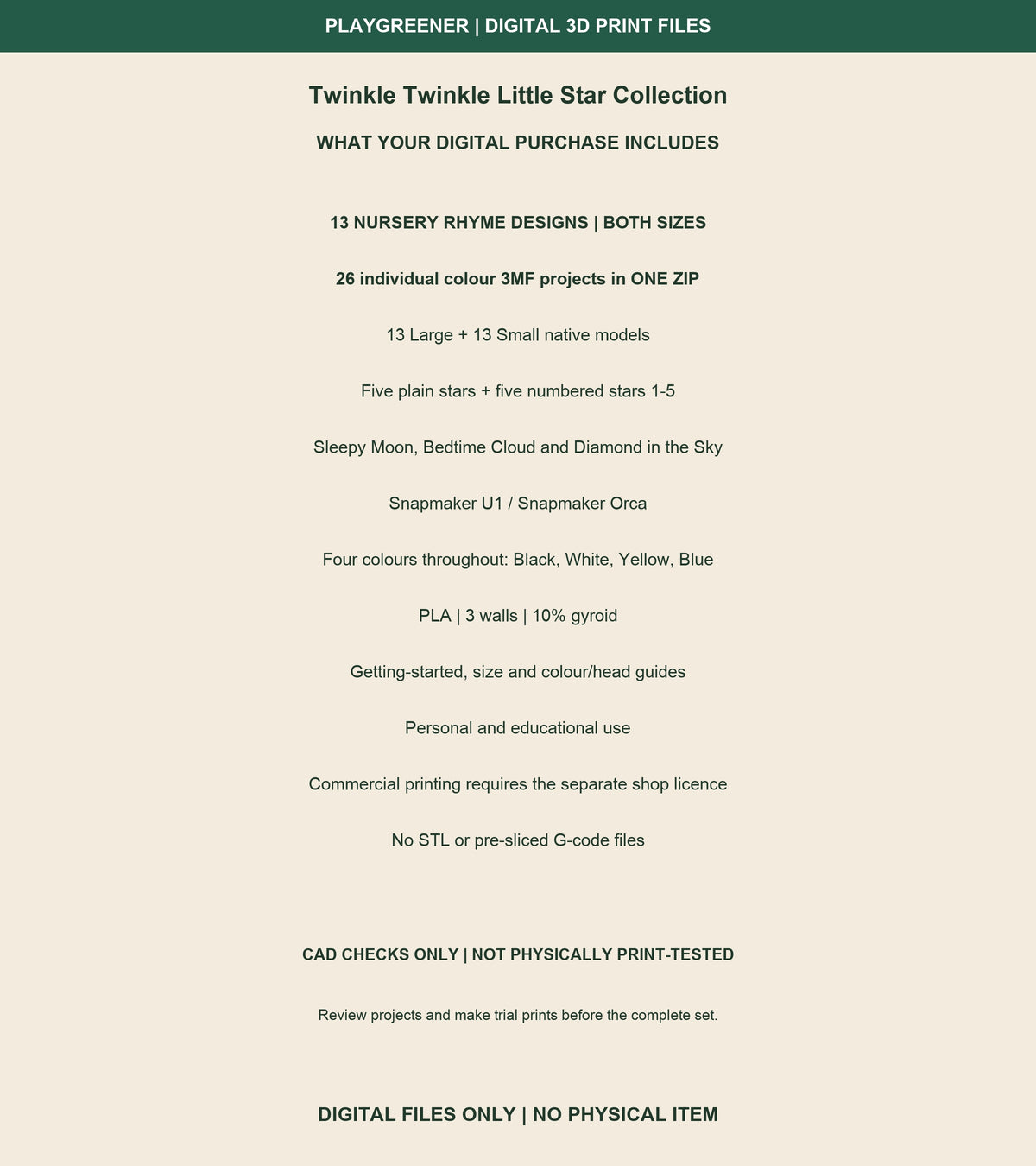 Twinkle Twinkle Little Star digital contents: 26 individual native U1 colour 3MF projects in one ZIP, 13 Large and 13 Small, instructions, dimensions, colour guide and use terms. Four colours throughout. Not physically print-tested.