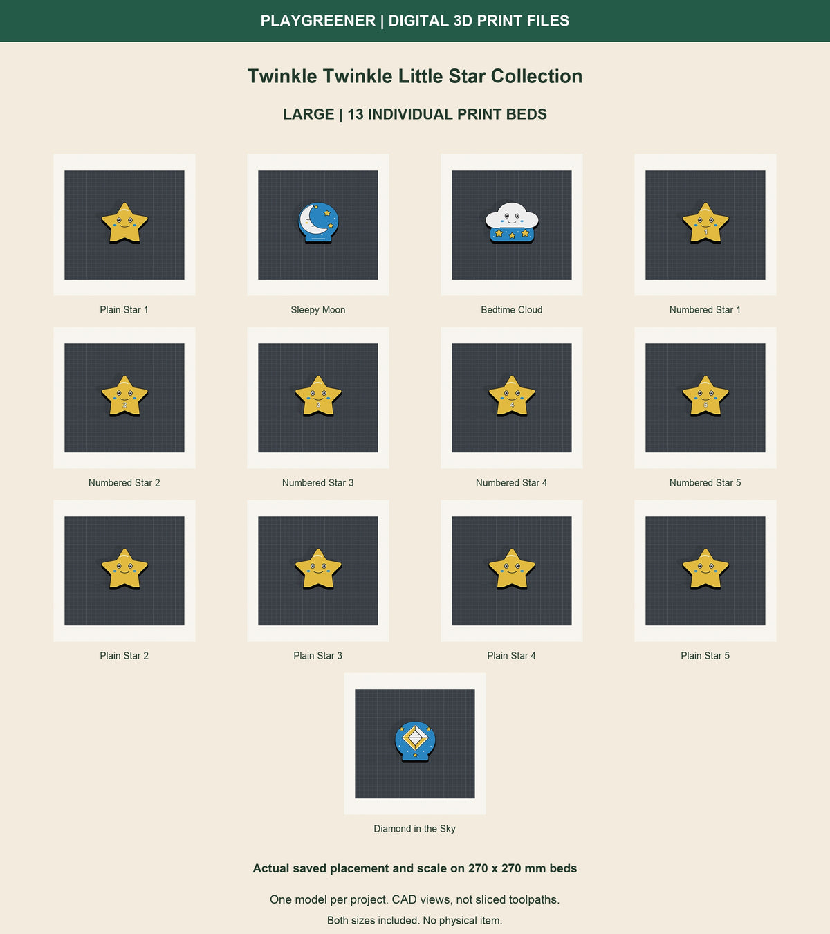 All 13 Large Twinkle Twinkle Little Star designs on separate 270x270mm print beds at actual saved scale and placement. Ten stars, moon, cloud and diamond sky 97.5mm high. CAD views, not sliced toolpaths.