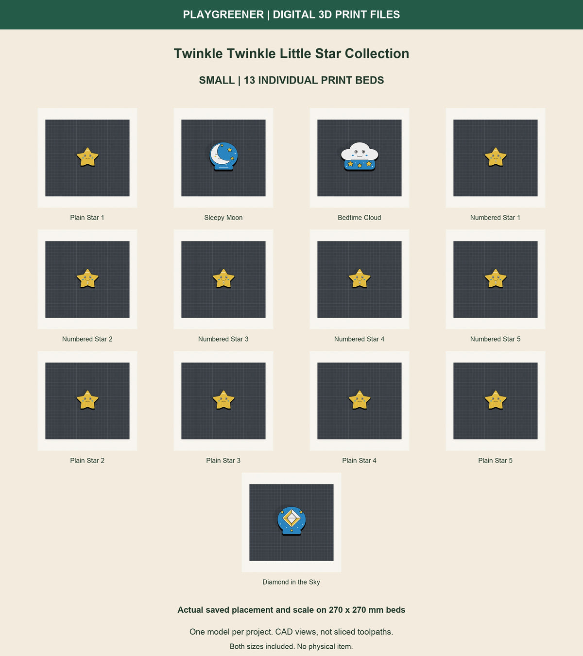 All 13 Small Twinkle Twinkle Little Star designs on separate 270x270mm print beds at actual saved scale and placement. Stars 65mm, moon, cloud and diamond sky 97.5mm high. CAD views, not sliced toolpaths.