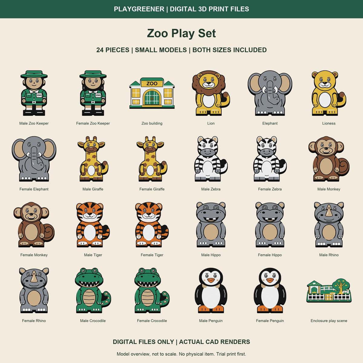 Zoo Play Set Small actual CAD preview: all 24 included pieces. Both sizes included as separate ZIP downloads. Models shown as design previews, not a shared scale arrangement.