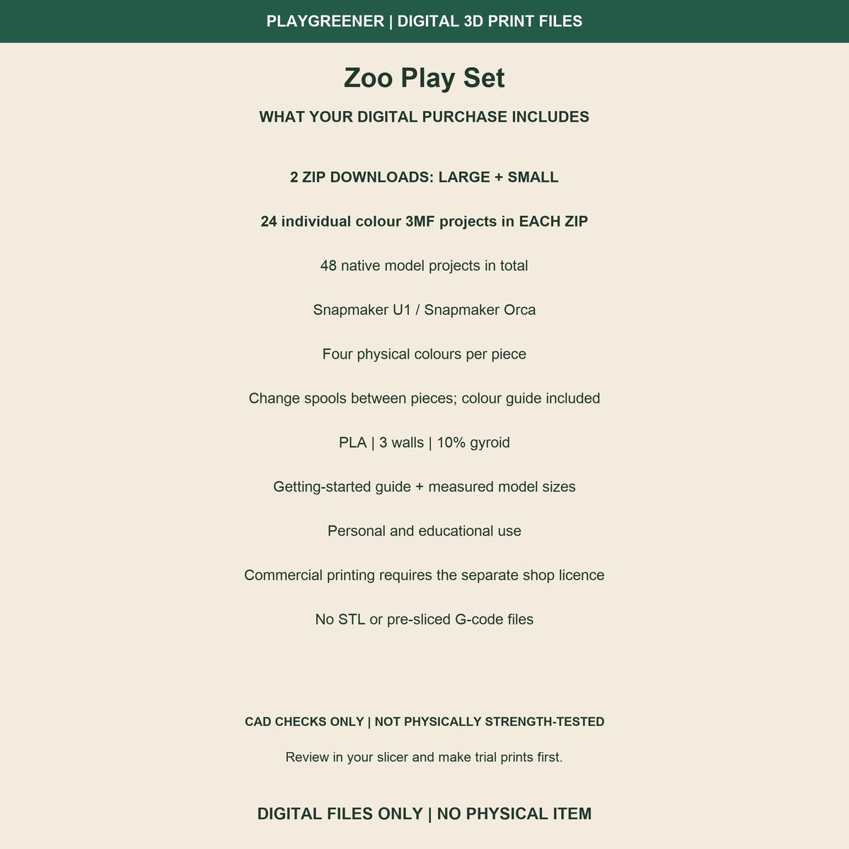 Zoo Play Set digital purchase information: 48 individual colour 3MF projects, two ZIP downloads, U1 compatibility, four colours per piece, print settings and personal/educational licence. Not physically strength-tested.