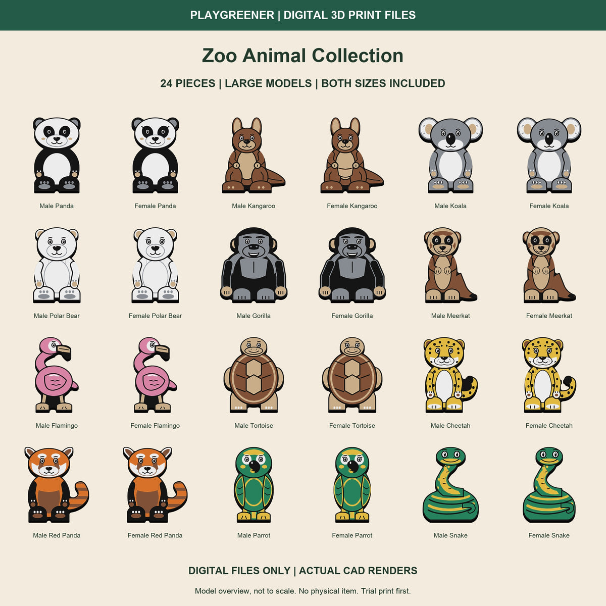 Zoo Animal Collection Large actual CAD preview: all 24 included pieces. Digital colour 3MF files for Snapmaker U1; 24 Large plus 24 Small models in two ZIPs. No physical item.