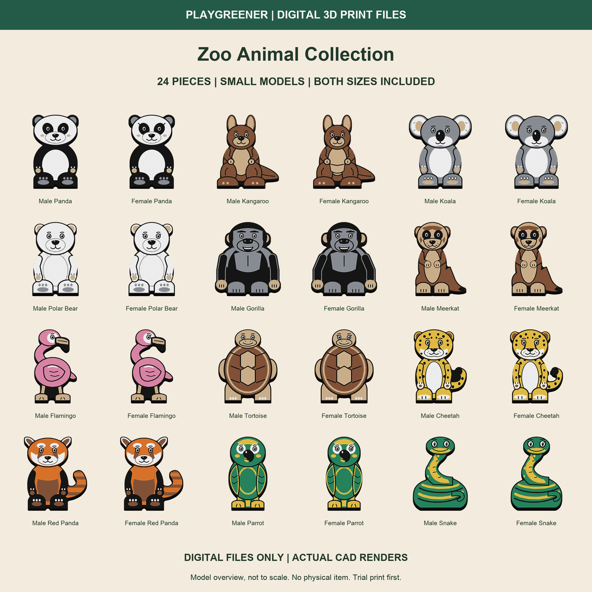 Zoo Animal Collection Small actual CAD preview: all 24 included pieces. Both sizes included as separate ZIP downloads. Models shown as design previews, not a shared scale arrangement.