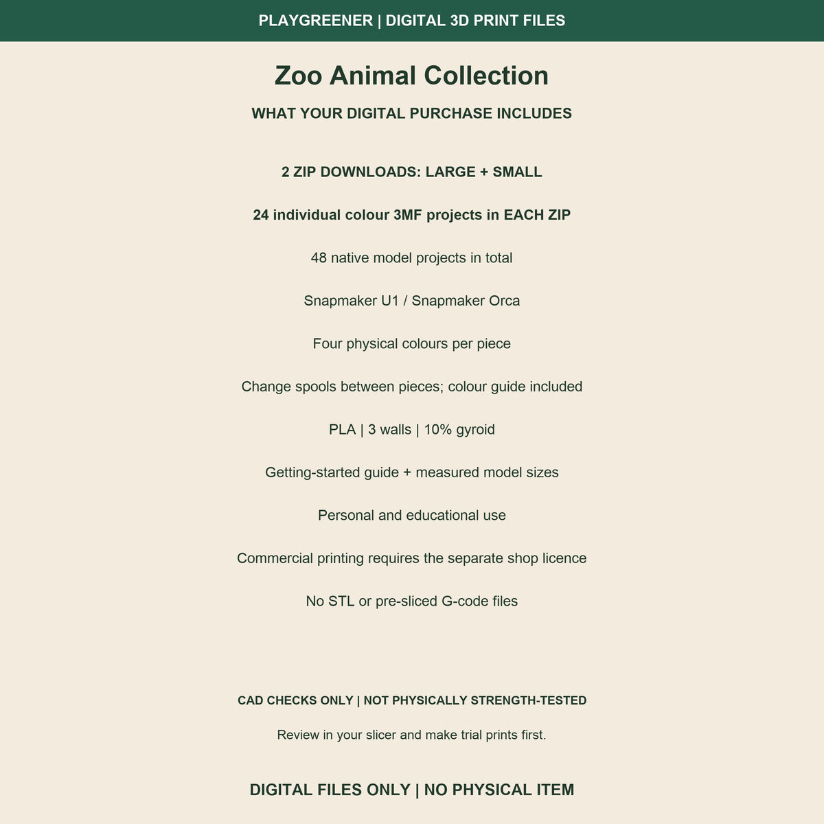 Zoo Animal Collection digital purchase information: 48 individual colour 3MF projects, two ZIP downloads, U1 compatibility, four colours per piece, print settings and personal/educational licence. Not physically strength-tested.
