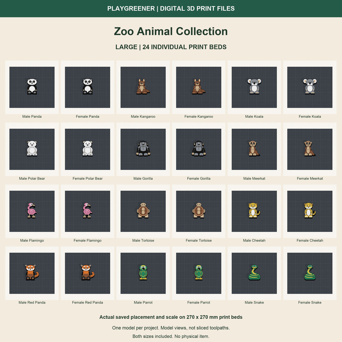 Zoo Animal Collection all 24 Large models shown individually on their saved 270 x 270 mm print beds. Actual scale and placement; CAD views, not sliced toolpaths. Digital files only.