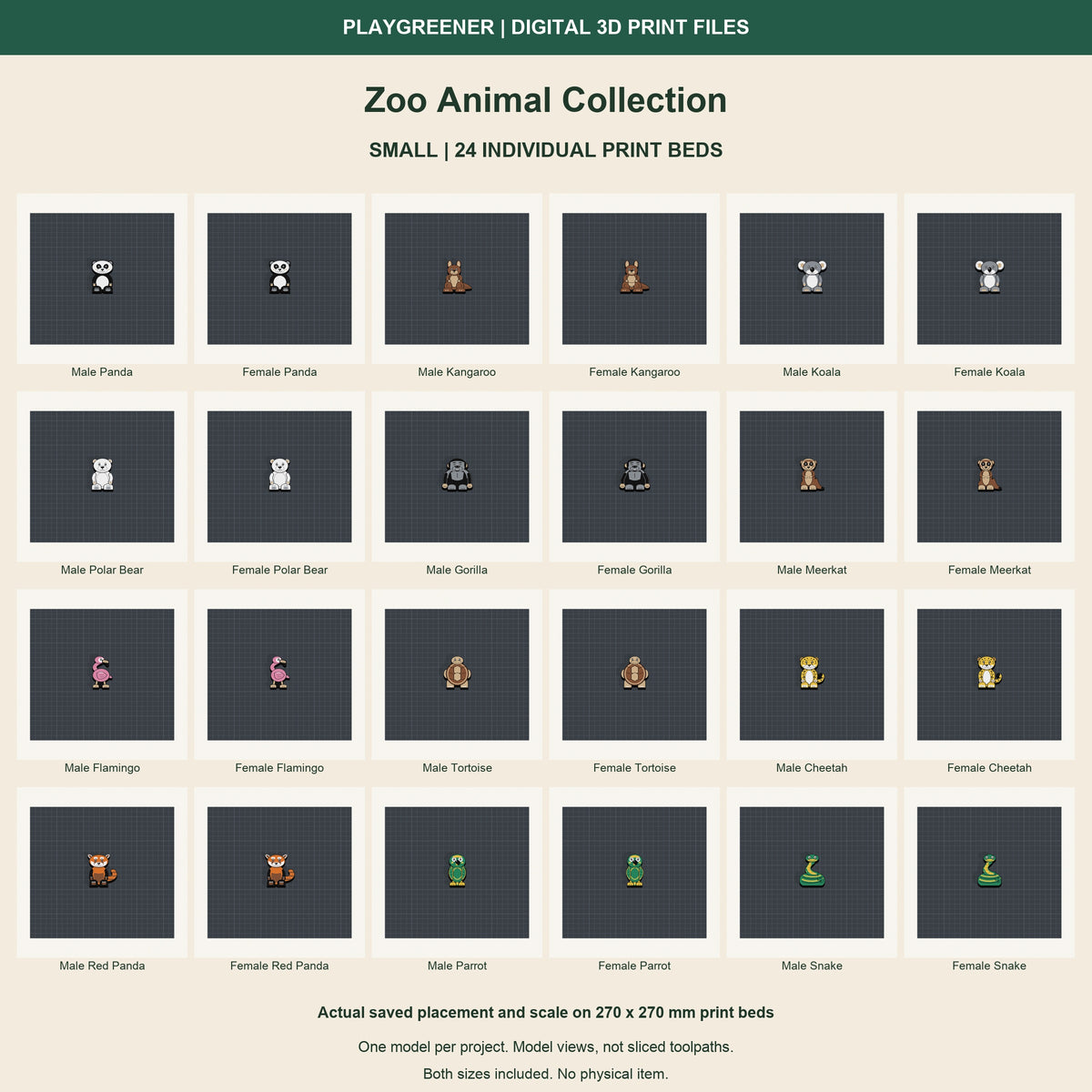 Zoo Animal Collection all 24 Small models shown individually on their saved 270 x 270 mm print beds. Actual scale and placement; CAD views, not sliced toolpaths. Digital files only.